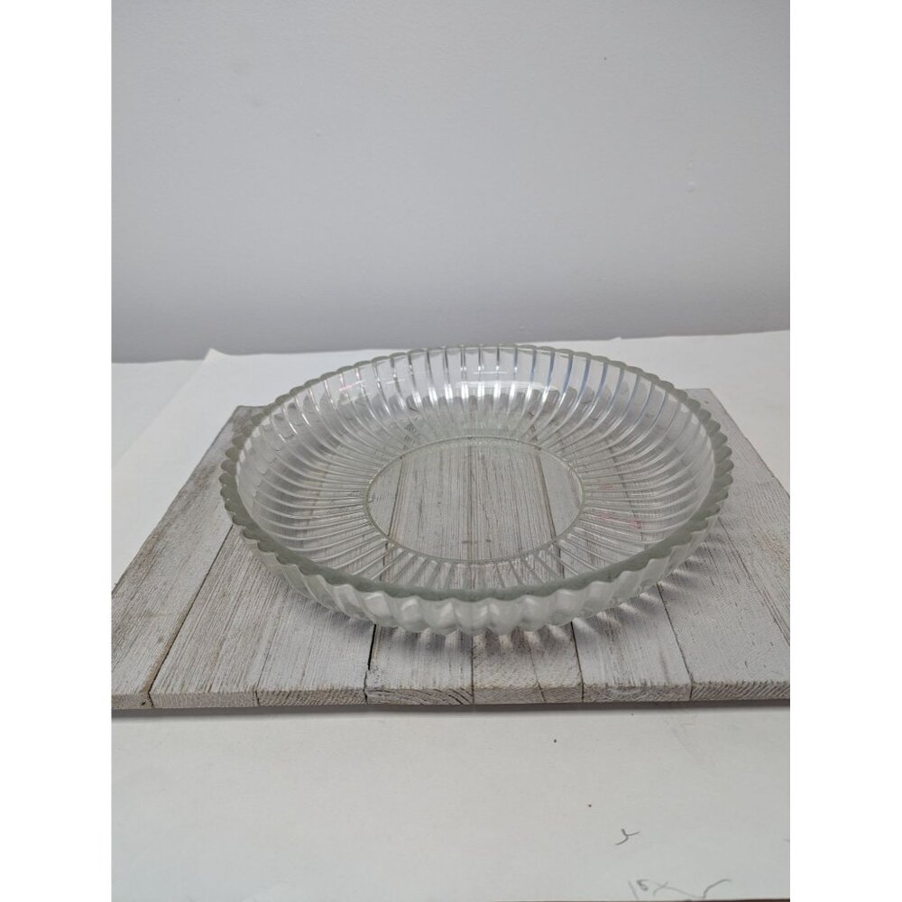 Vintage Round Server Bowl Platter Clear Ribbed Heavy Duty